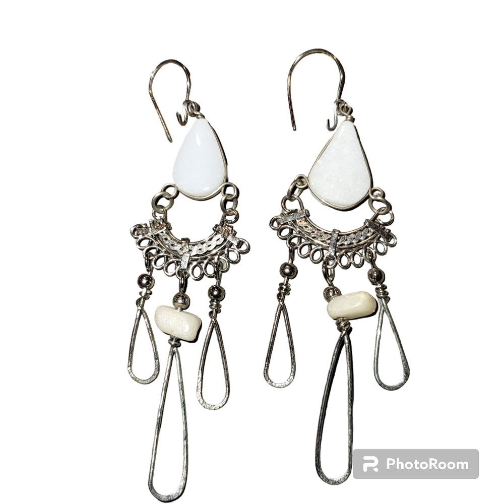 Peruvian Alpaca silver with white stone Chandelier earrings